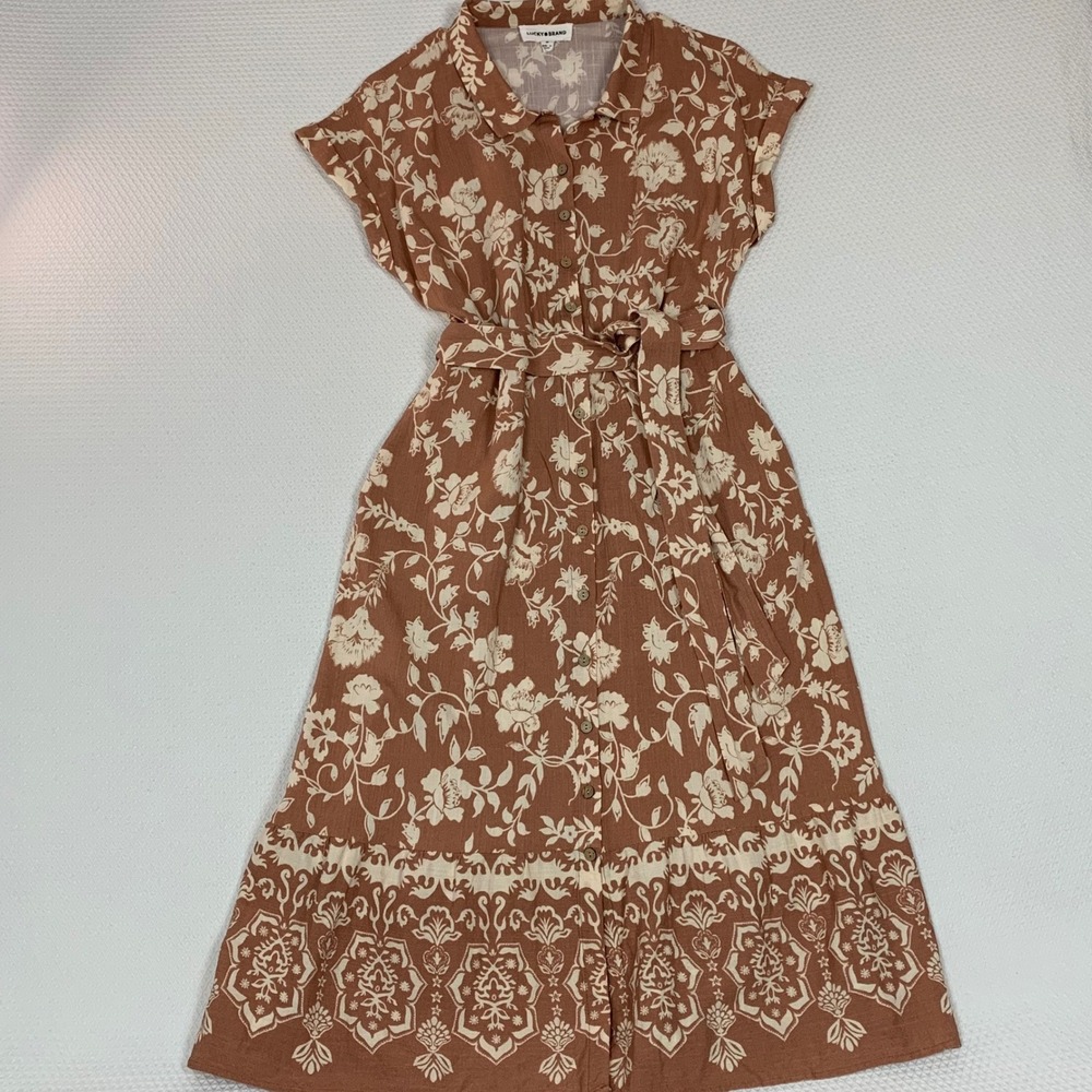 Lucky Brand Floral Midi Dress Womens Sz M Terracotta Brown Cap Sleeve Boho
